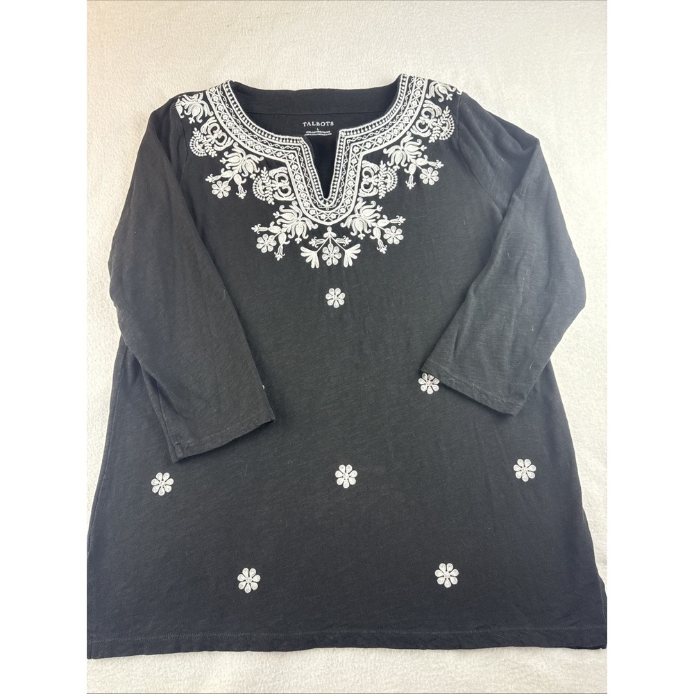 Talbots Black White Embroidery 3/4 Length Sleeve Tunic Top Women's Large